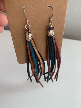 Handmade Bohemian Multi-Color Tassel Leather Wire Wrapped Earrings